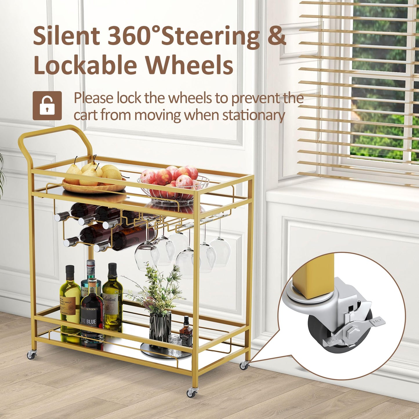 Bar Cart with Mirrored Shelves & Wine Holders