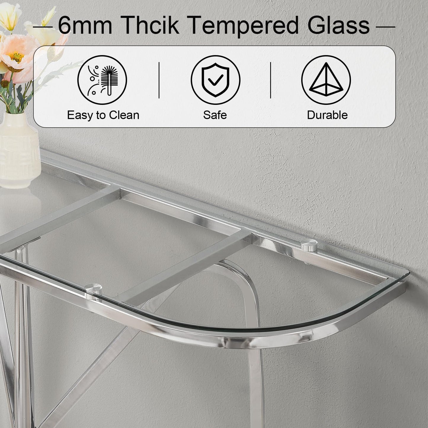 HOMISSUE Console Table, Modern Console Table with Tempered Glass Top and Chrome Frame, Glass Entryway Table with Marbling MDF Base, Chrome Console Table for Entryway, Hallway, Living Room (Silver)