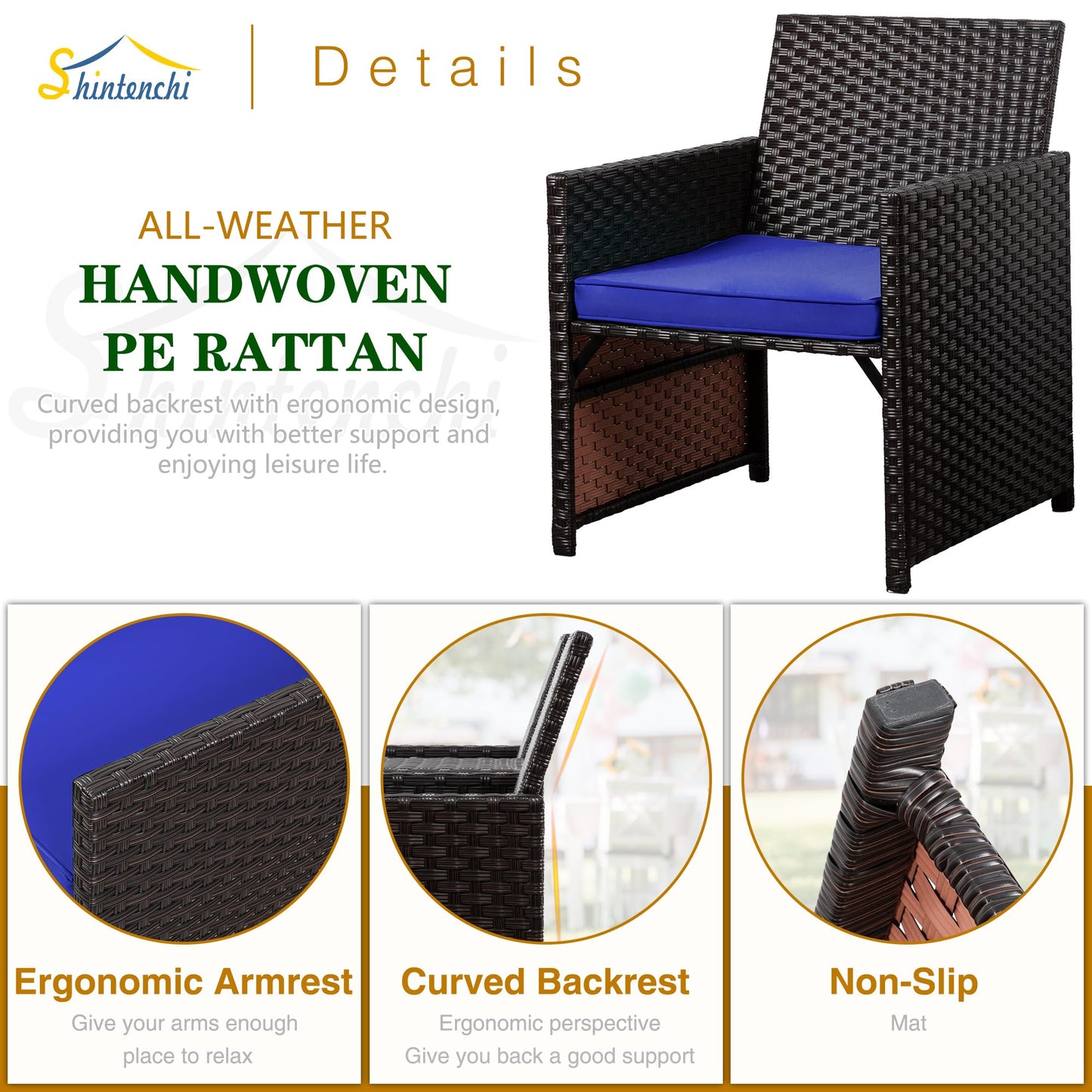 Shintenchi Wicker Patio Conversation Furniture Set with Detachable Chairs & Table and Two Removable Cushions,Rattan Wicker Lover Chair for Patio,Garden, Courtyard and Lawn Backyard (Deep Blue)