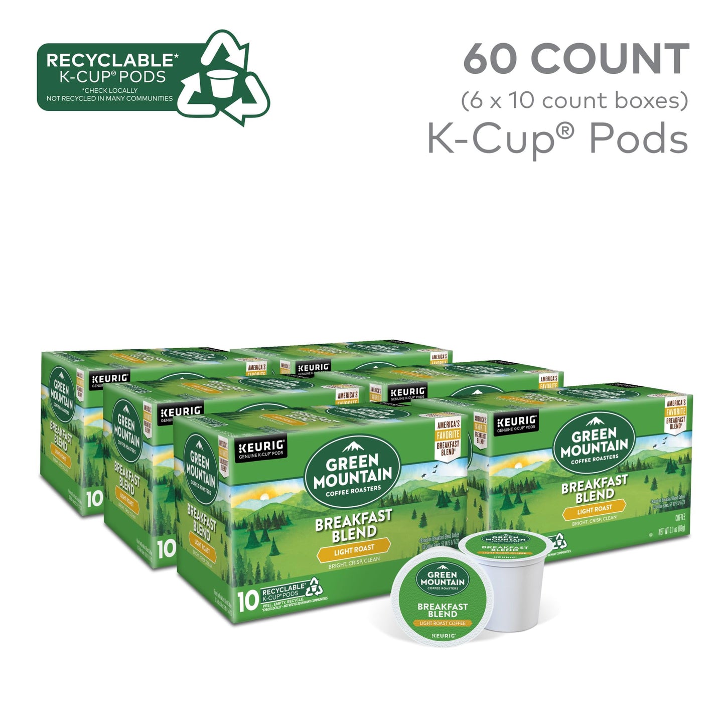 60 Count Green Mountain Coffee Breakfast Blend K-Cups