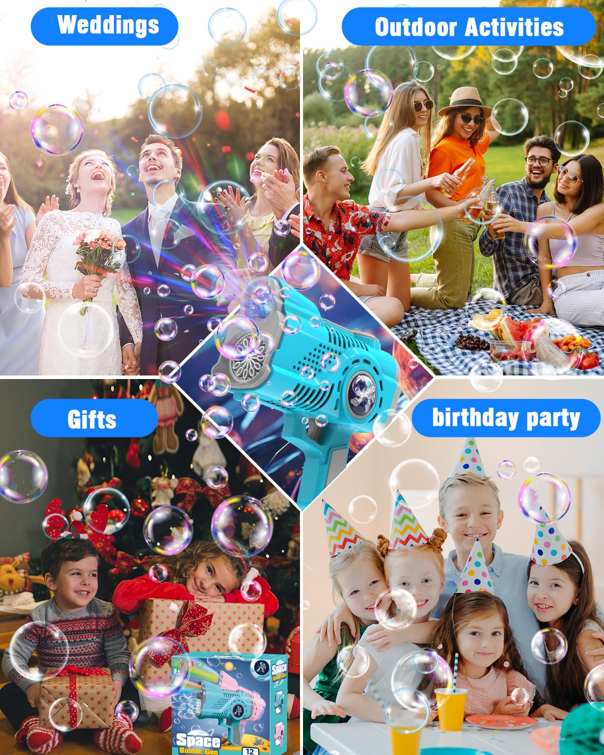 Joyfuture Bubble Gun - Automatic Bubble Machine for Kids - 12 Holes Bubble Gun Blaster with 7 Colors LED Light - Bubble Maker Include Bubble Solution & Batteries - Boys Toys for Birthday, Parties