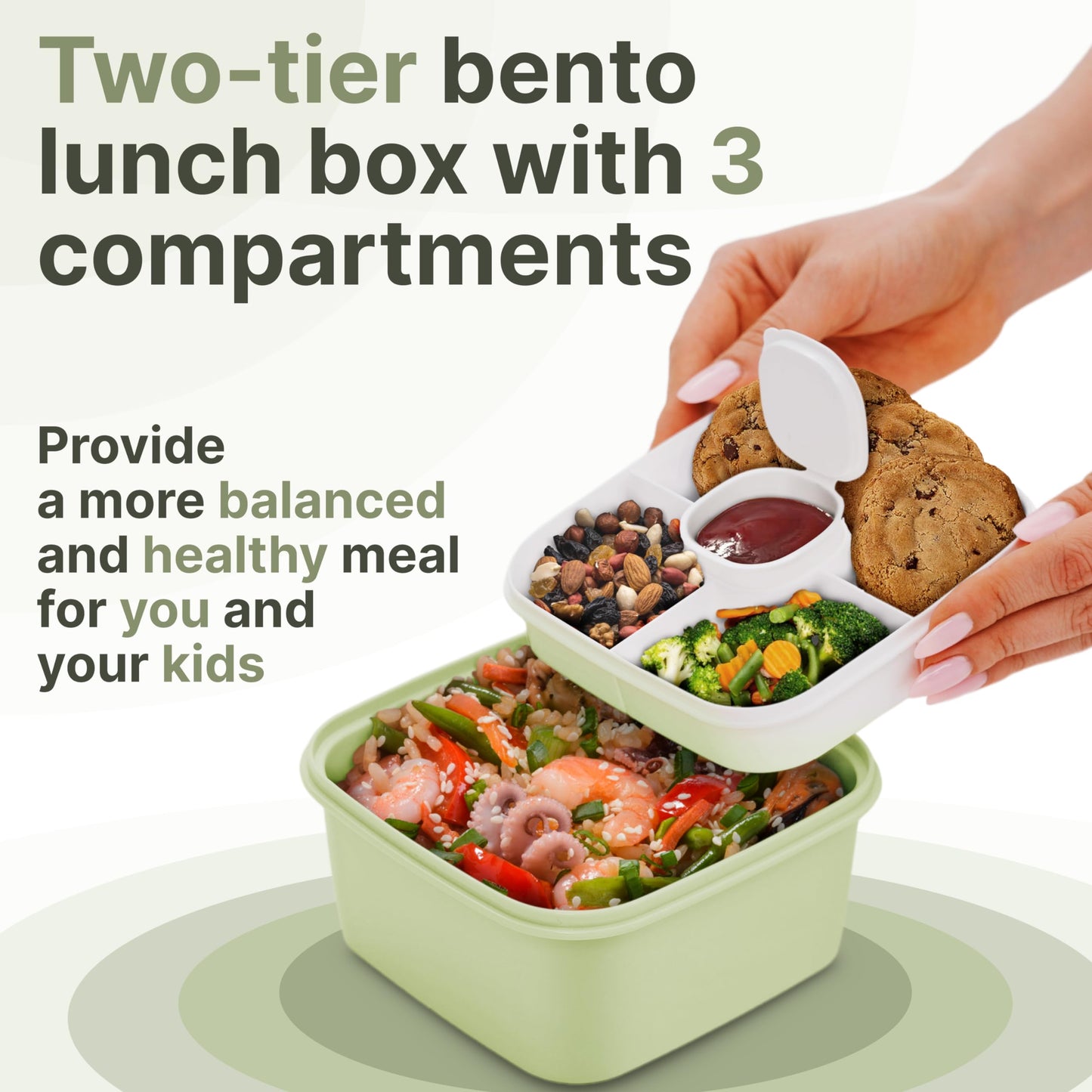 Earth&ME Bento Lunch Box For Kids Adults, 1100 Ml Lunch Box Container With 2 Floors 3 Compartments, Leak-proof Sauce Container, Spork, Bento Box For School Office Travel, Green
