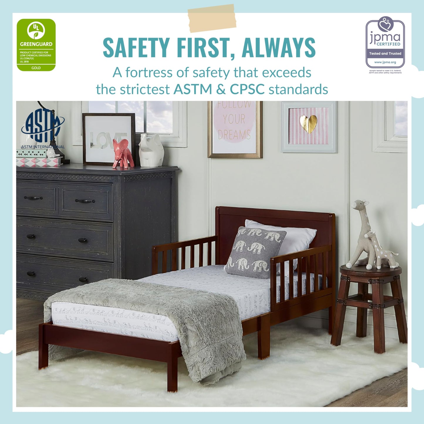 Dream On Me Brookside Toddler Bed In Espresso, Greenguard Gold Certified, JPMA Certified, Low To Floor Design, Non-Toxic Finish, Safety Rails, Made Of Pinewood