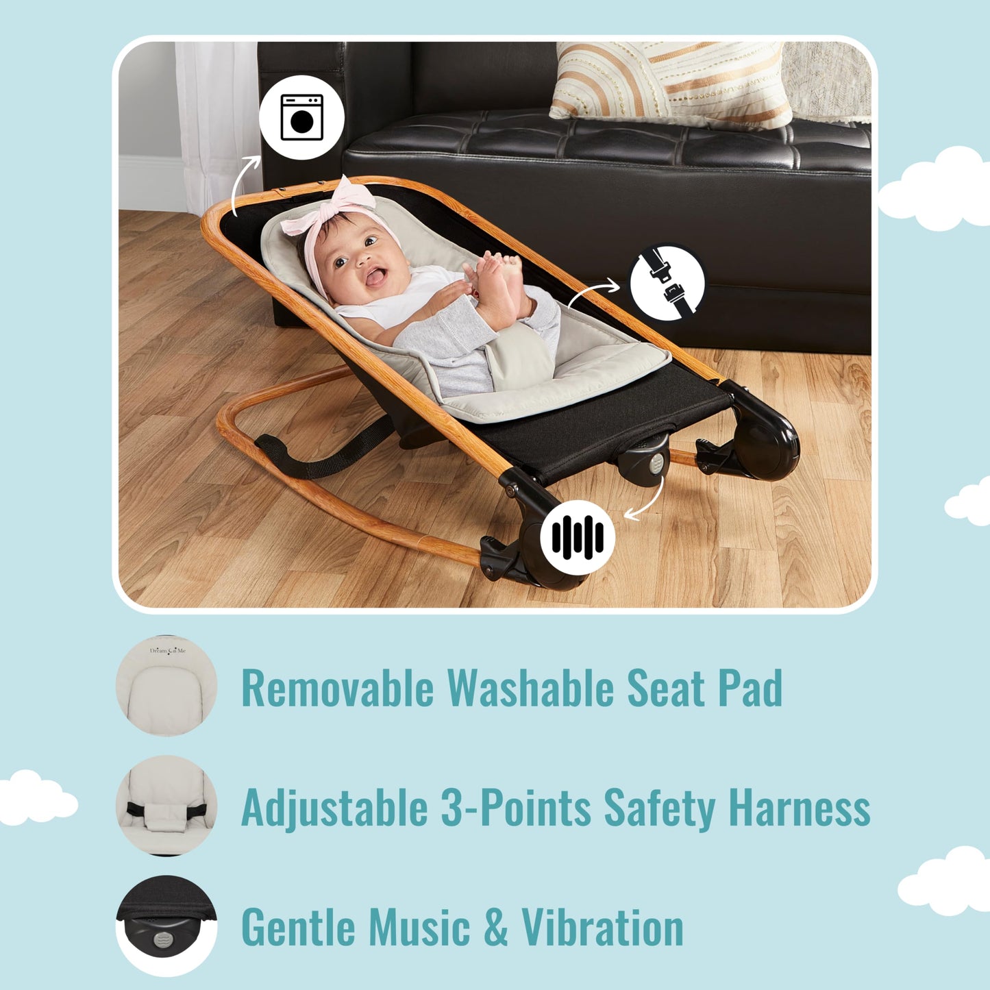 Dream on Me Rock With Me 2-in-1 Baby Rocker and Stationary Seat, Baby Rocker Seat for Infant with Removable Toy Bar, Baby Rocker Chair with Soothing Music & Vibration, 0-6 Months, Upto 20 Lbs
