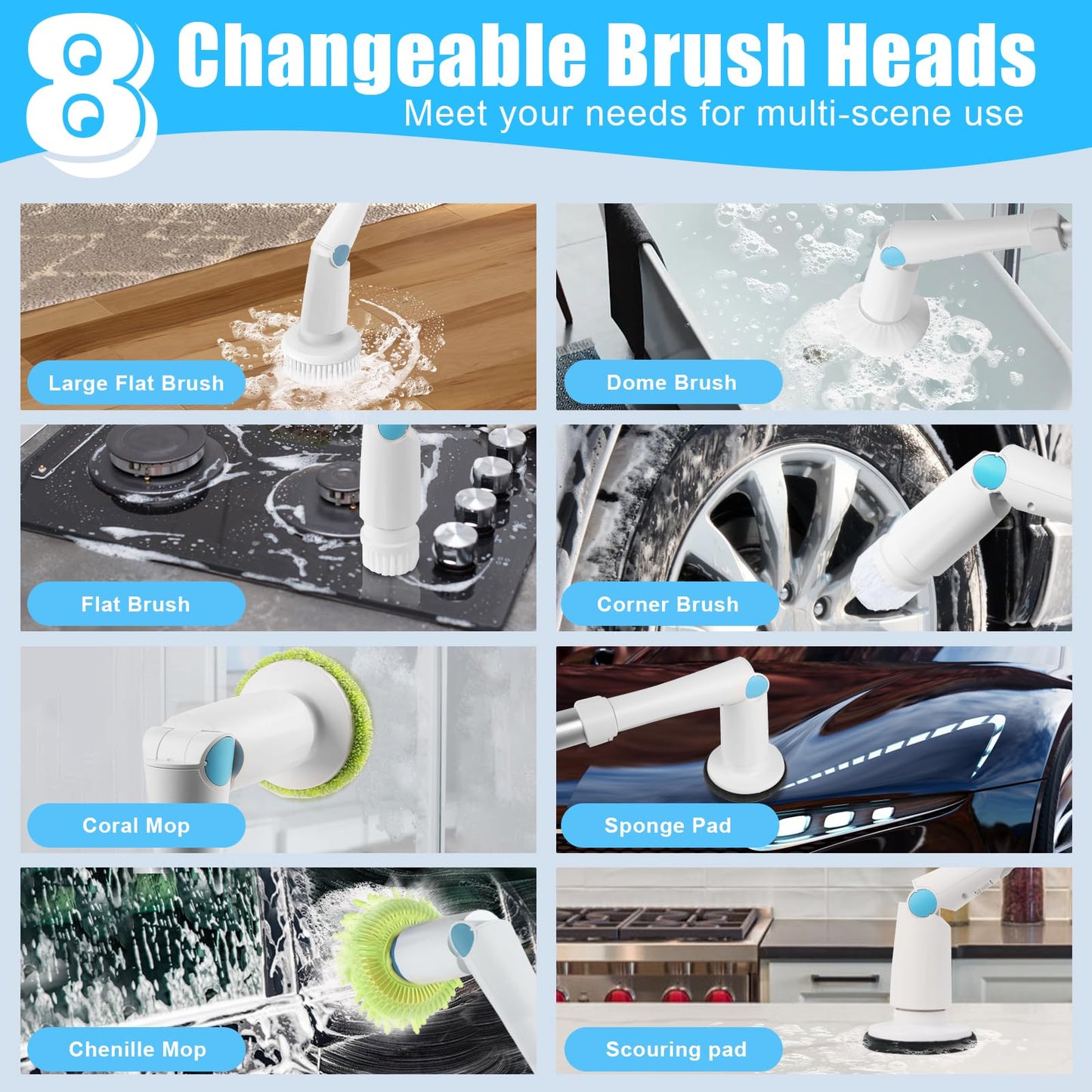Cordless Electric Spin Scrubber with 8 Brush Heads