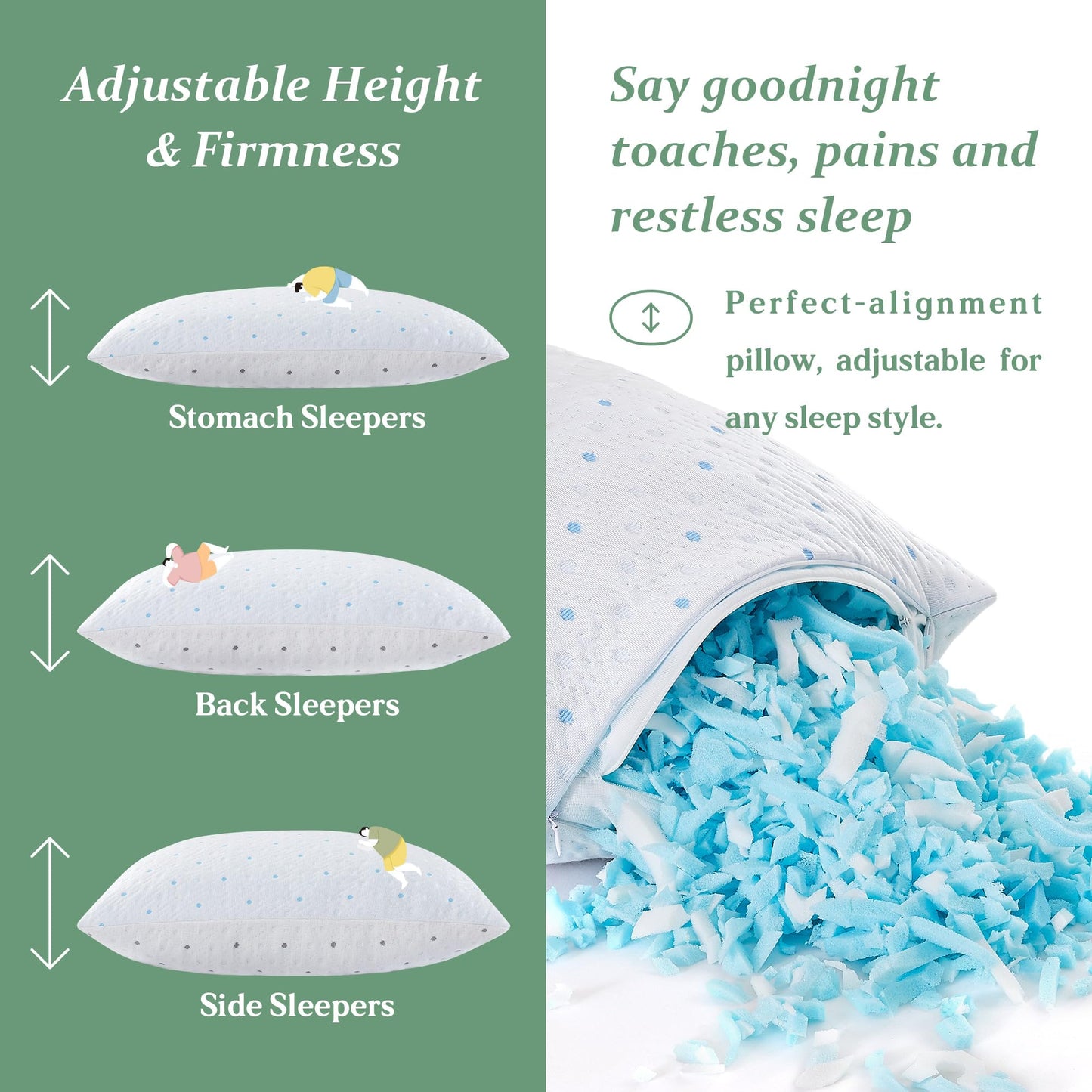 Dreamood Queen Pillows Set of 1 with Cooling & Soft Cover Shredded Memory Foam Pillows Adjustable Loft & Firmness Bed Pillow for Sleeping for Side Back Stomach Sleeper Cooling Pillow Hypoallergenic