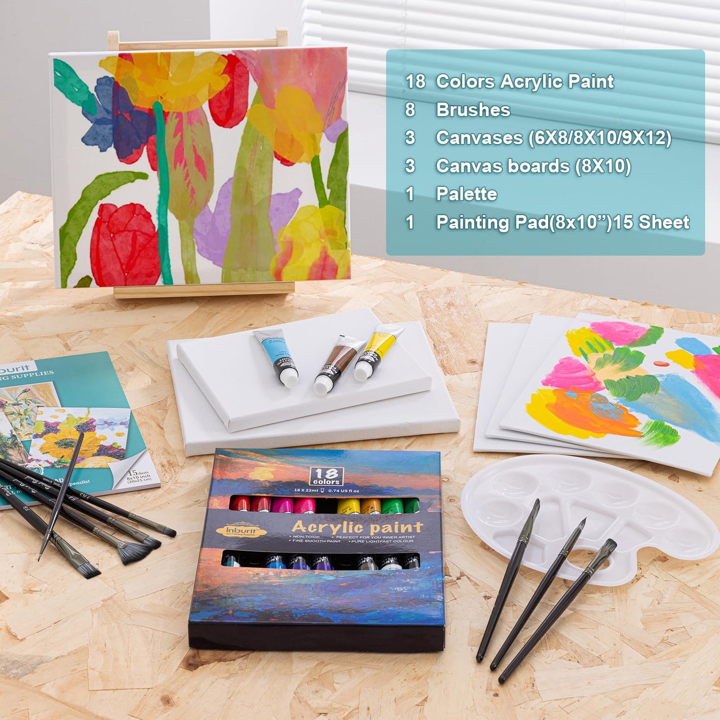Acrylic Paint Set with Canvases and Brushes