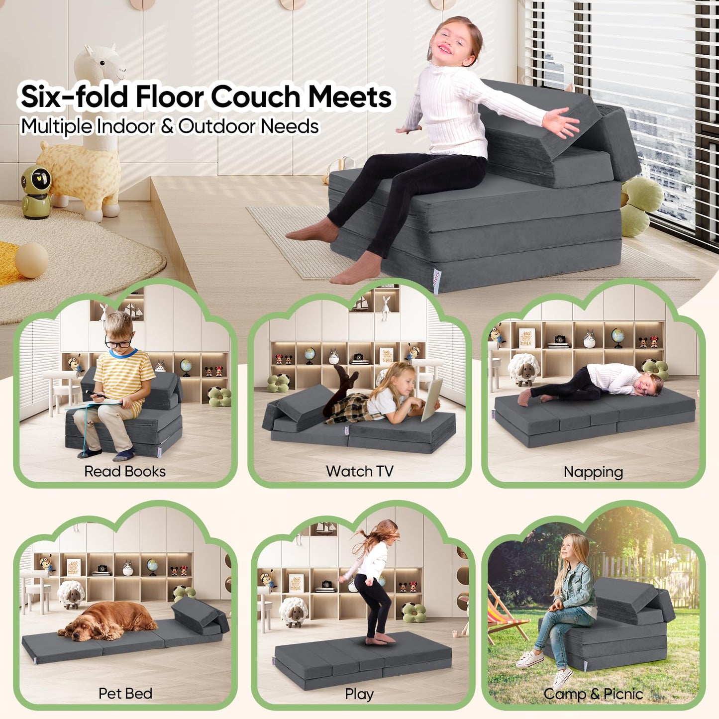 Kidirect 6-in-1 Kids Folding Sofa Bed