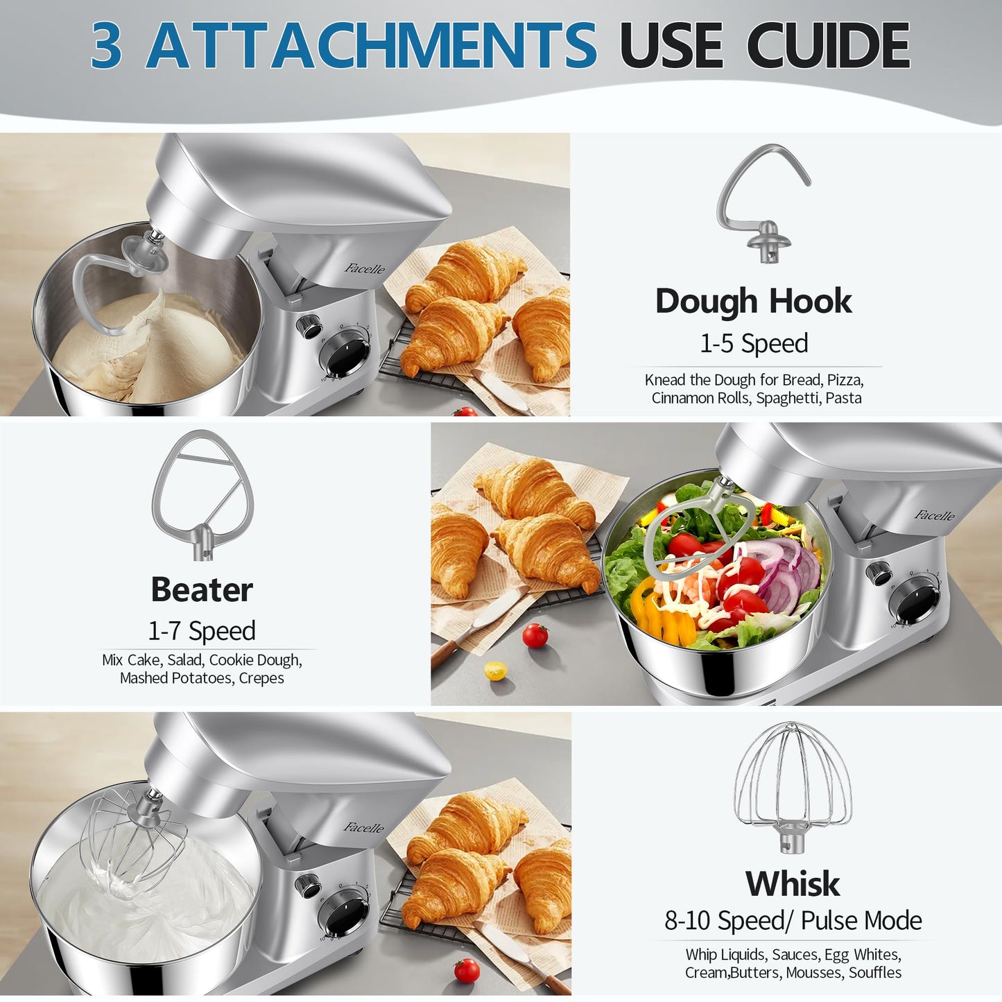 10-Speed 6QT Facelle Stand Mixer with Attachments