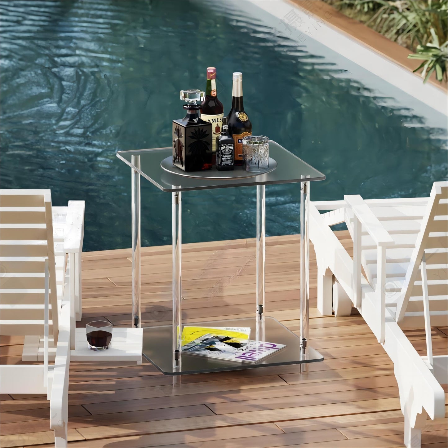 Homcred Square Side Table,Screwless Acrylic Side Table,19" L x 19" W x 23" H,Rapid 10-Second Setup,End Table,Nightstand,Coffee Table for Outdoor,Living Room,Bedroom,2-Tier, Clear