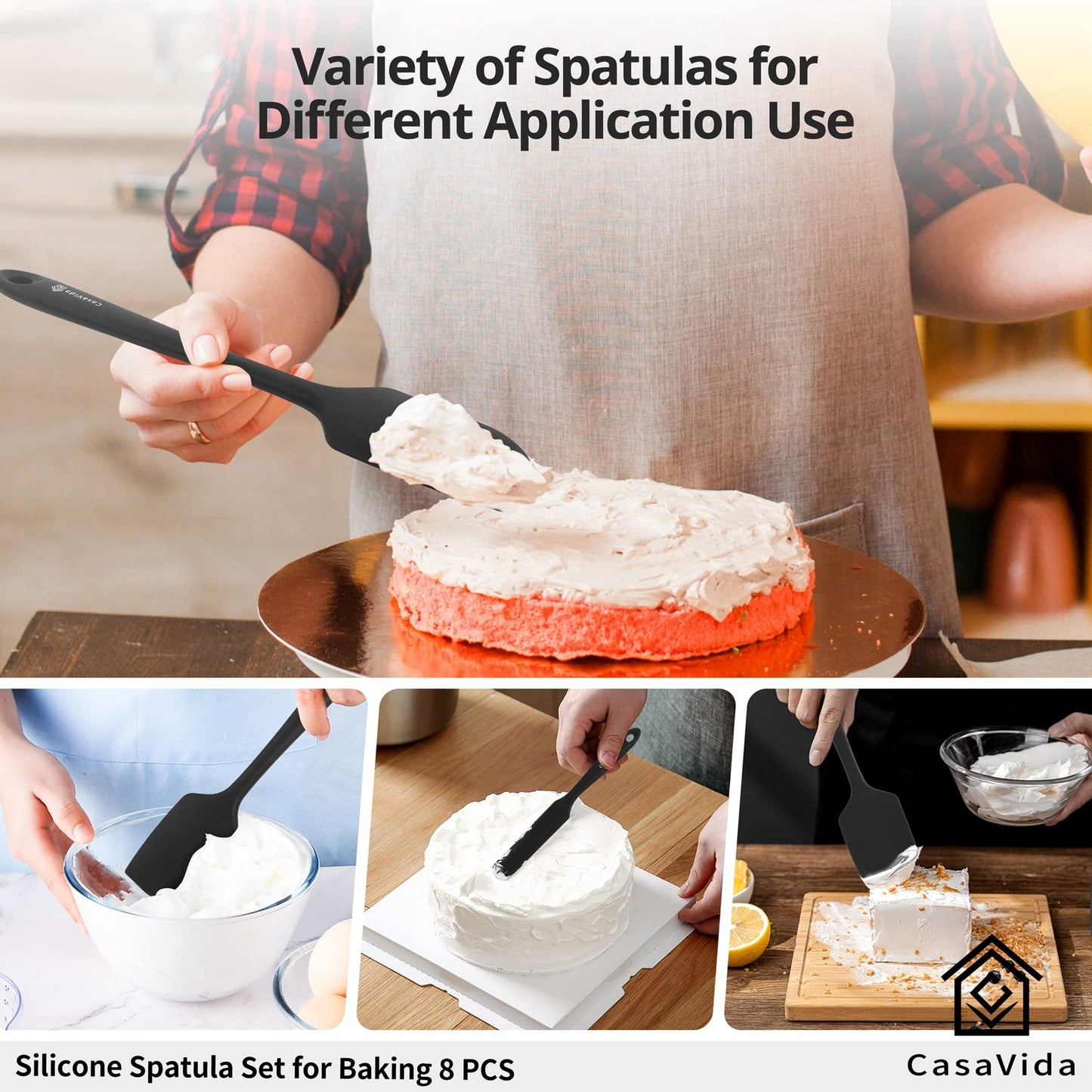 CasaVida Silicone Spatula Set One-piece Seamless High Heat Resistant Non Stick Bakery Spatula Flexible BPA Free Dishwasher Safe Kitchen Utensils Bakeware Cookware Cooking Baking Mixing Black 8pcs