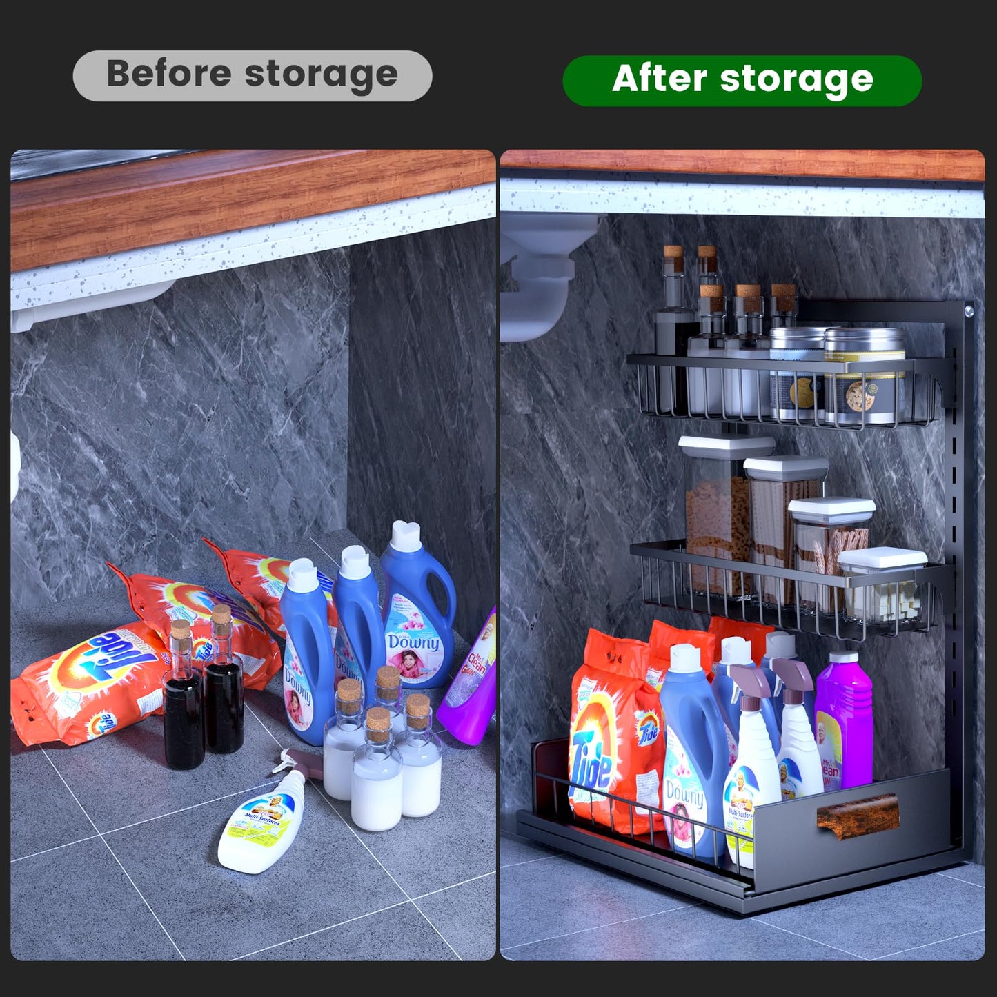 HOYRR Under Sink Organizers and Storage, 3 tier Adjustable Under Sink Organizer, Under Sink Organizer, Under Sink Storage, Suitable for kitchen sink.(black)