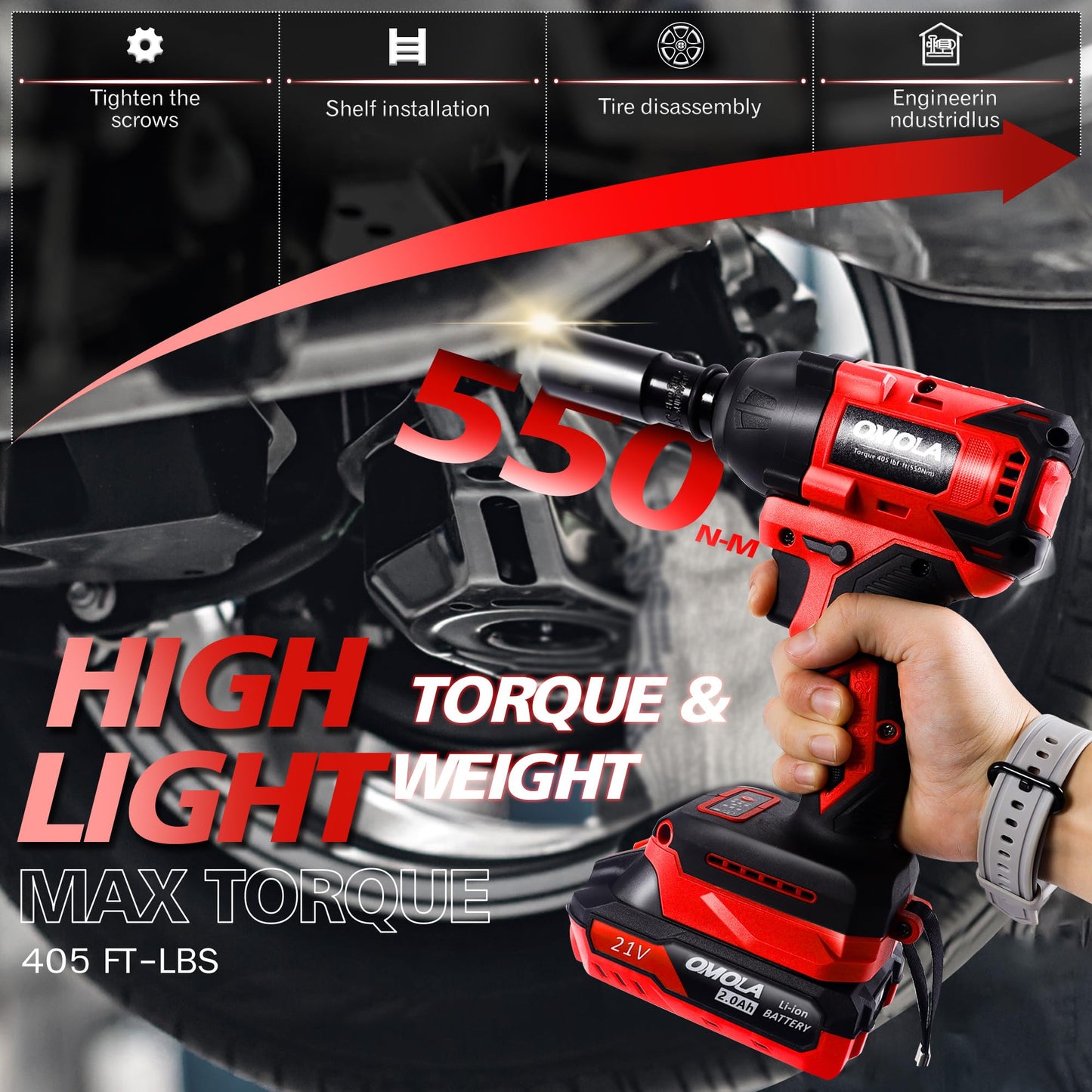 OMOLA Cordless Impact Wrench,1/2 impact gun,405 Ft-lb(550NM) High Torque 3200 RPM,with a 21V 2.0Ah Li-Ion Battery, Fast Charger,Brushless motor,4 Sockets