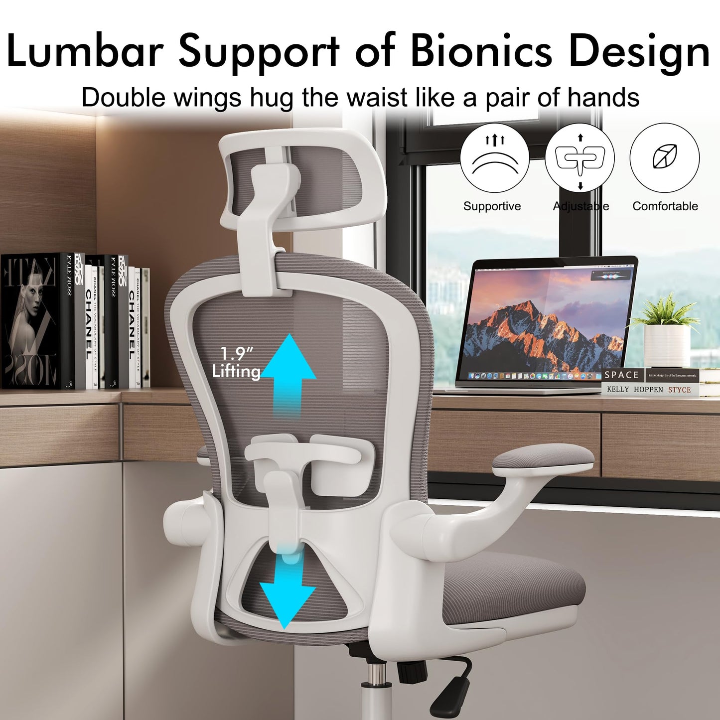 Apusen Ergonomic Office Chairs with Adjustable Lumbar Support,Mesh Desk Chair with Adjustable Arms and Wheels,Computer Desk Chair for Home Office Essentials(Headrests,White)
