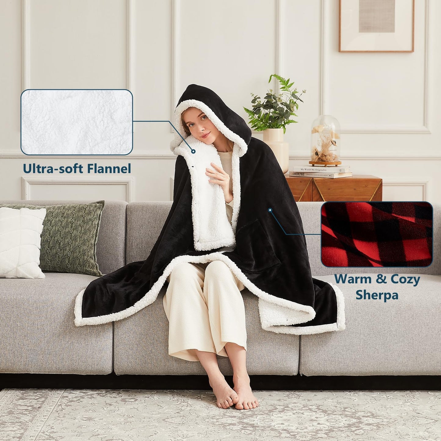 PLOATH Heated Electric Blanket Shawl: Heating Blanket Heated Throw Blanket Heated Poncho - Wearable Blanket Hoodie Wrap Sherpa with 10 Heating Levels & Multi Heating Time Settings (40x70'' Black)
