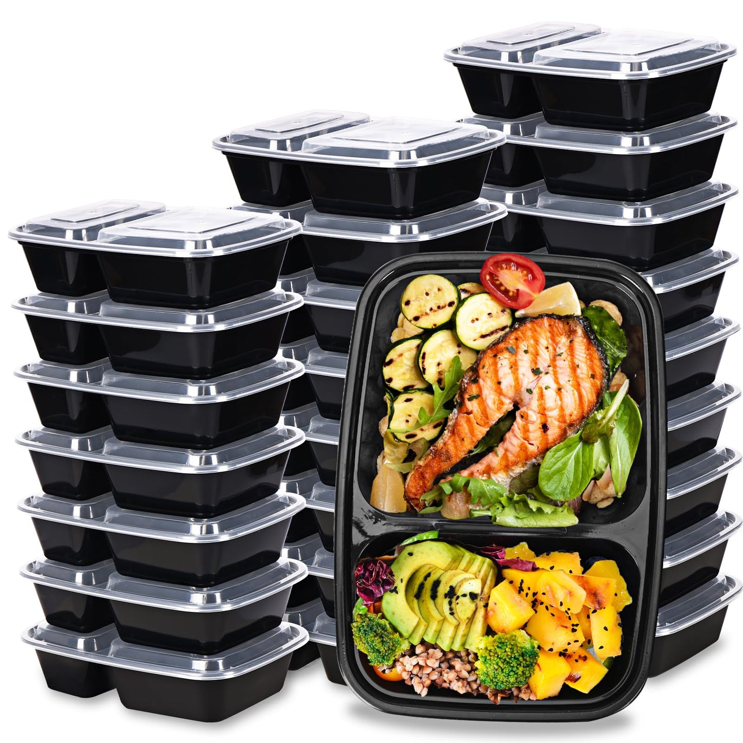Moretoes 50 Pack 32oz Meal Prep Containers Reusable 2 Compartment Food Storage Containers with Lids Plastic Stackable To Go Boxes Microwave, Freezer, Dishwasher Safe