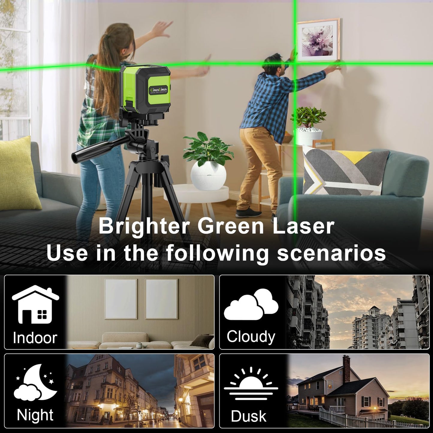 CinusLinus Laser Level with Tripod, CinusLinus 100Ft Laser Level 360° Self Leveling, Green Line leveler Tool for Hanging Pictures, Floor Tile, Home Renovation with Battery, Rotating Stand, 26'' Tripod