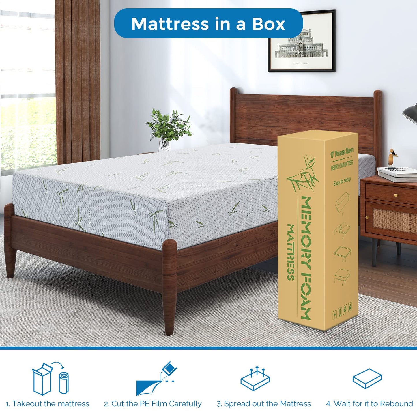 IULULU Twin Mattress, 10 Inch Memory Foam Mattress in a Box, Green Tea Gel Infused Mattresses with Breathable Bamboo Cover for Cool Sleep, Medium Supportive, CertiPUR-US Certified