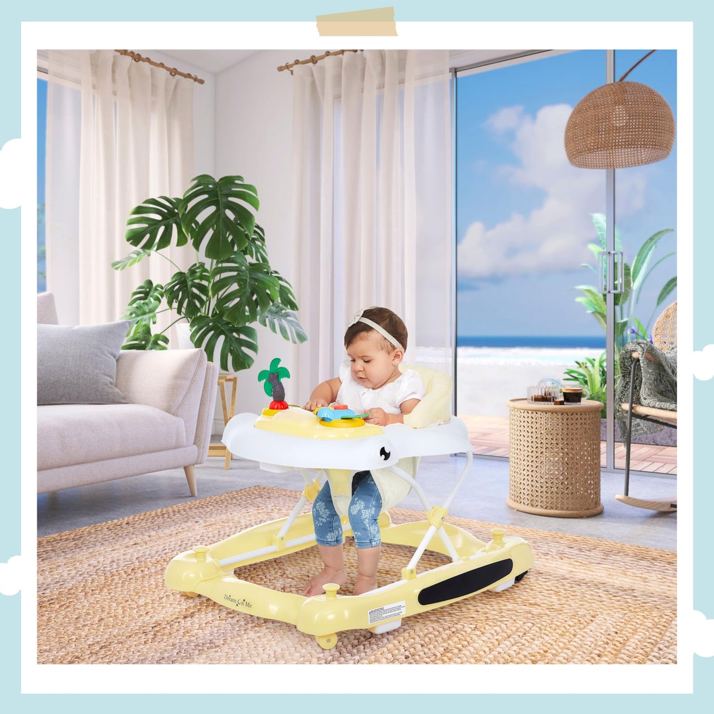 Dream on Me 2-in-1 Aloha Fun Baby Walker in Yellow, Easily Convertible Baby Walker, Adjustable Three Position Height Settings, Easy to Fold and Store