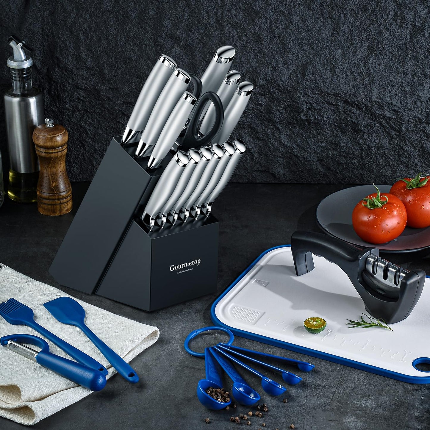 Gourmetop Knife Set, 20 Pcs Kitchen Knife Set with Block, Sharpener, Cutting Board & Essential Gadget. Sharp Stainless Steel Knives Set for Kitchen Cooking, Knife Block Set Dishwasher Safe