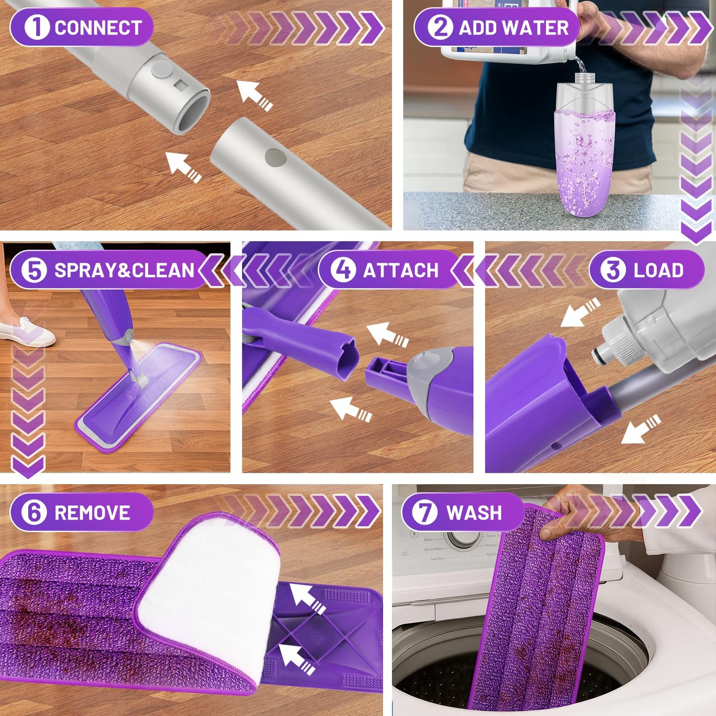 HOMTOYOU Spray Mops for Floor Cleaning: Wet Mop for Hardwood Tile Wood Laminate Vinyl - 3 Washable Microfiber Pads for Swiffer Powermop - Absorbs Pet Hair Dust