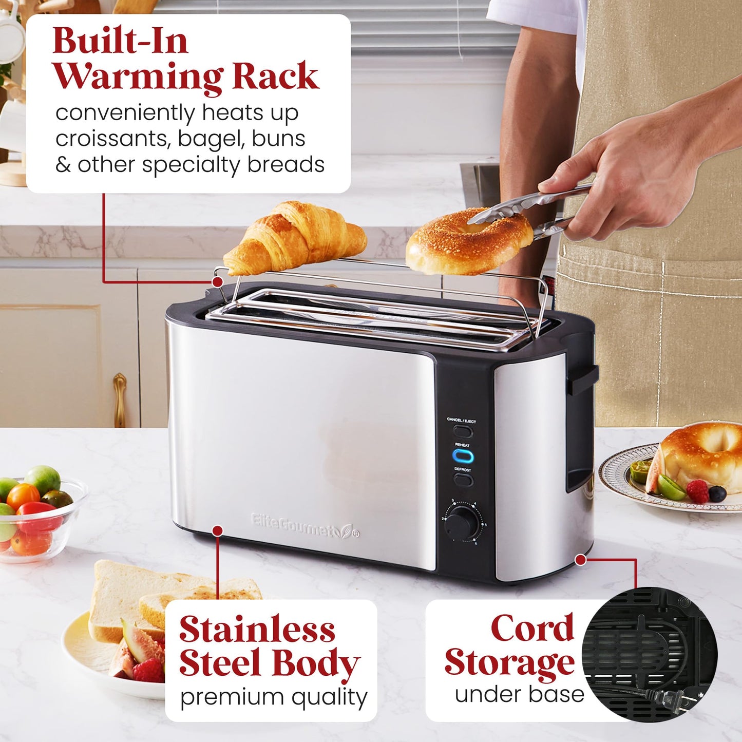 Elite Gourmet ECT-3100 Long Slot 4 Slice Toaster, Reheat, 6 Toast Settings, Defrost, Cancel Functions, Built-in Warming Rack, Extra Wide Slots for Bagels & Waffles, Stainless Steel & Black