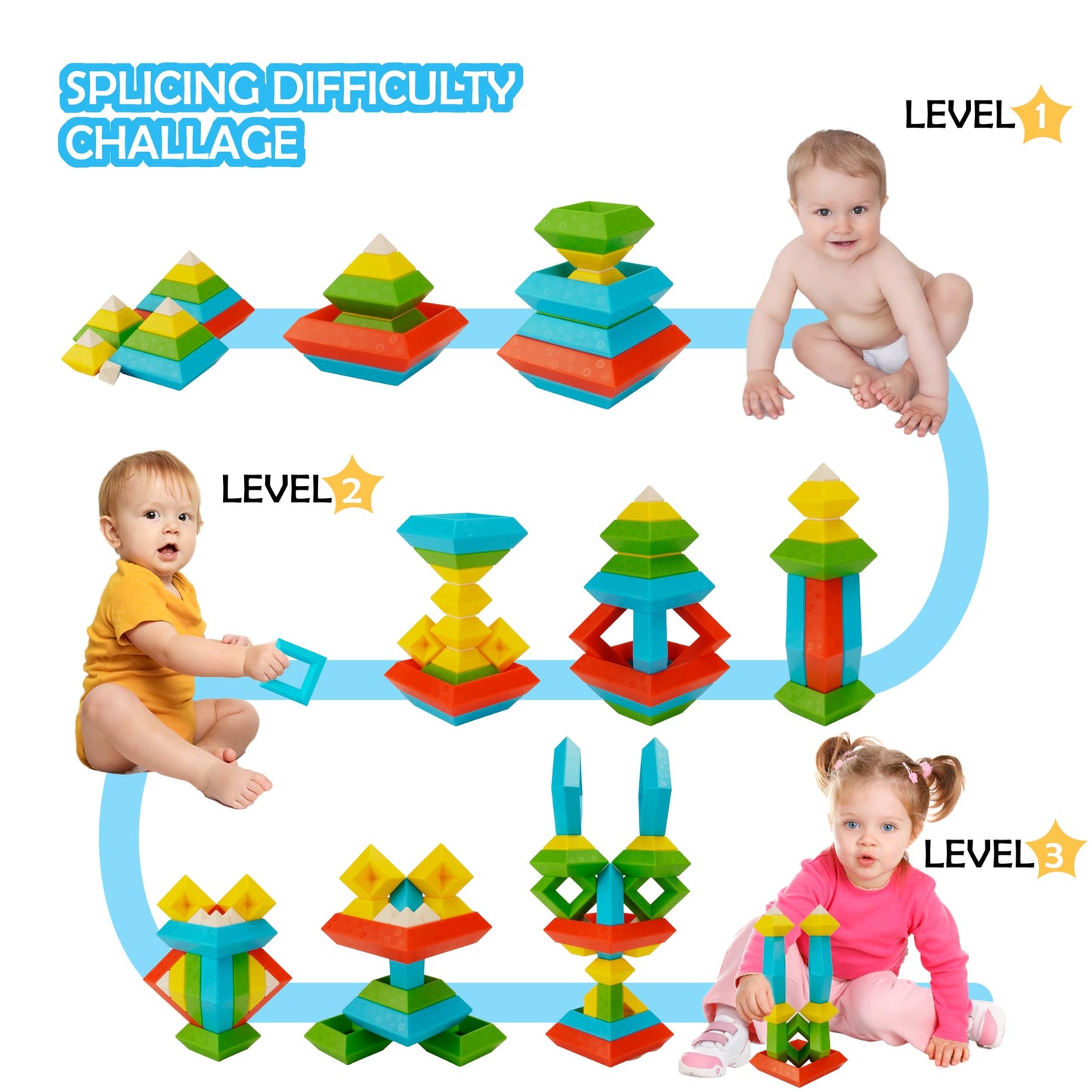 Ganowo Montessori Toys for 2 3 4 5 Year Old, 30 Pcs Pyramid Stacking Building Blocks Sensory Toys Learning Toys Preschool Gifts for Kids Age 2-4 3-5