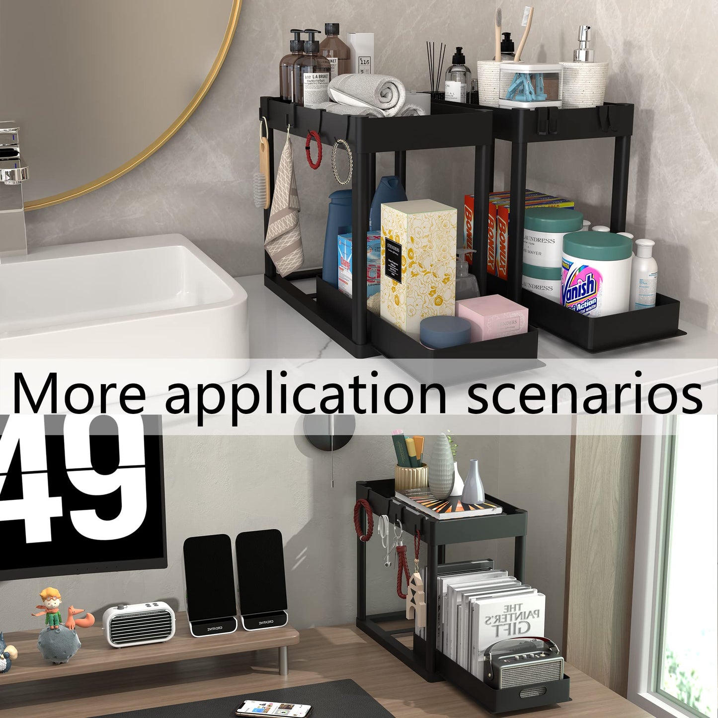POUGNY 2PC Under Sink Organizer Rack 2 Tier Under Sliding Cabinet Basket Organizer Drawer with 4 Hooks, Multi-purpose Under Sink Storage for Bathroom Kitchen Desktop(Black)