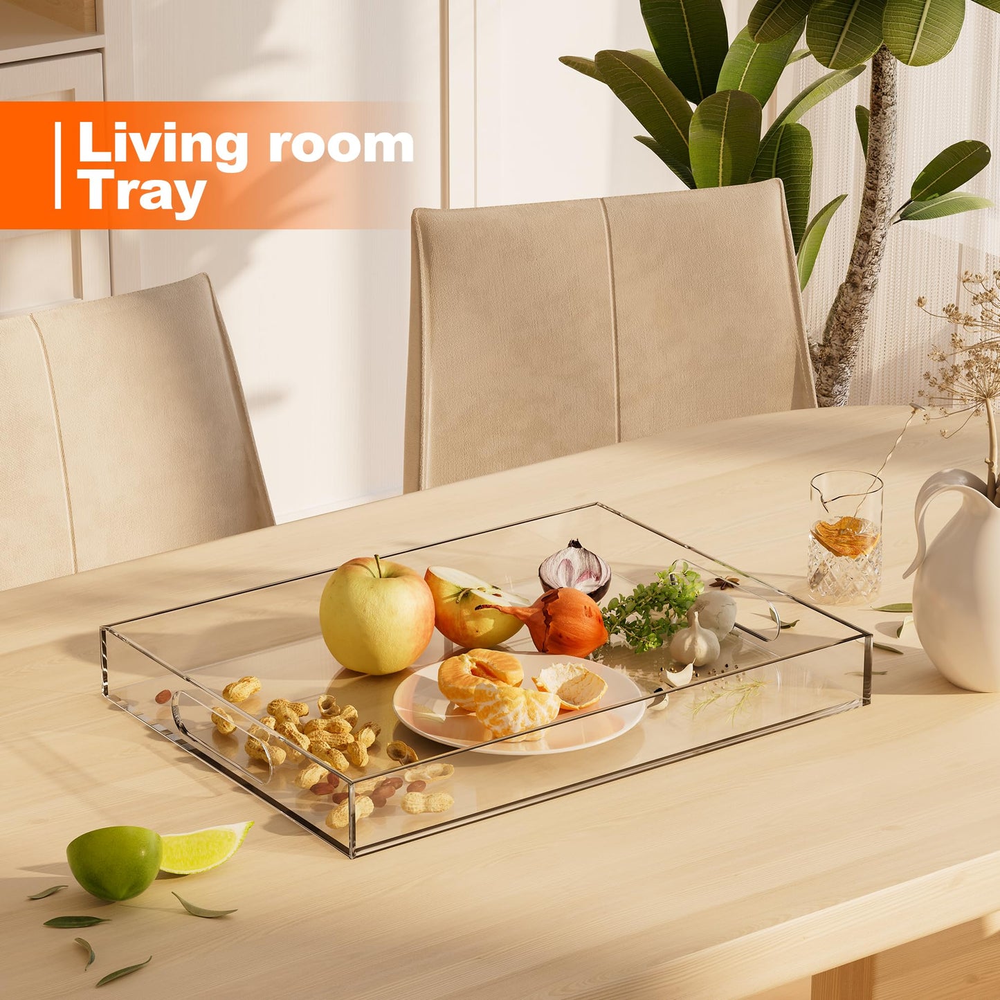 Hemsyc Serving Tray 16x12x2 Inch Serving Tray with Handles Acrylic Serving Trays Clear Decorative Serving Platter for Appetizer, Food, Breakfast in Kitchen, Coffee Table, Bed, Living Room, 2 Pack