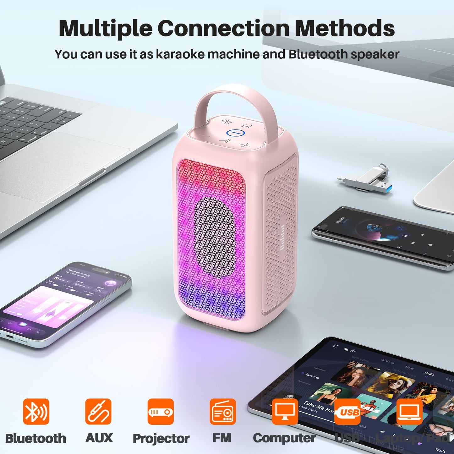 Bobtot Bluetooth Speaker Wireless, 16H Playtime 40W Peak Portable Singing Speakers, Magic Voice, Echo, EQ, Stereo Sound, Deep Bass, RGB, Supports AUX,USB, FM, Pink