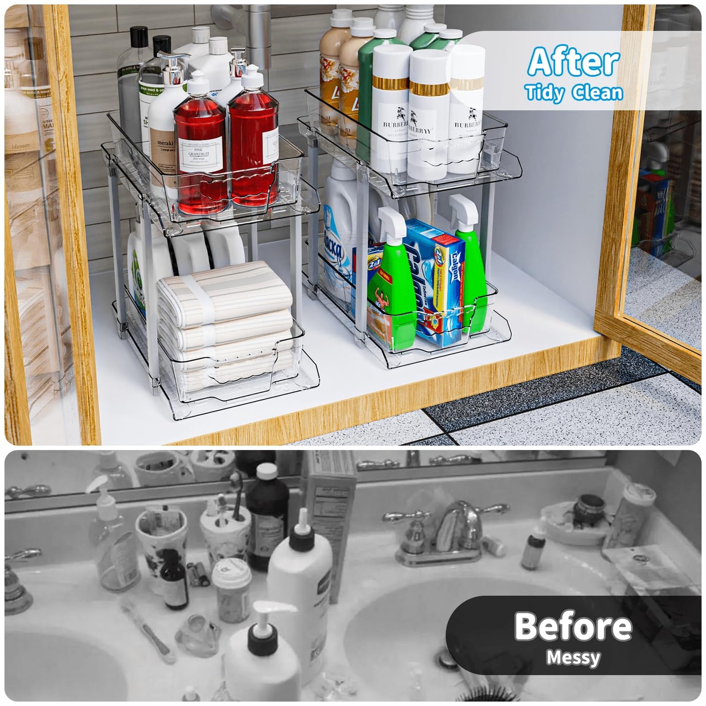 Clear 2-Tier Under Sink Organizer with Dividers