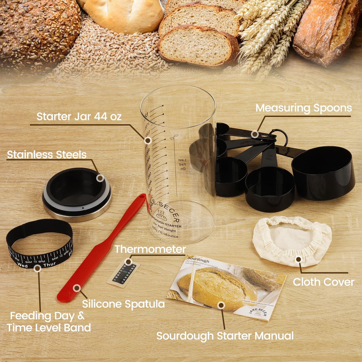 jake.secer 44oz Sourdough Starter Jar Kit Glass, Wide Mouth Jars for Sourdough, Large Sourdough Starter Container, Sourdough Starter Crock for Beginners, Sourdough Bread Starter Containers