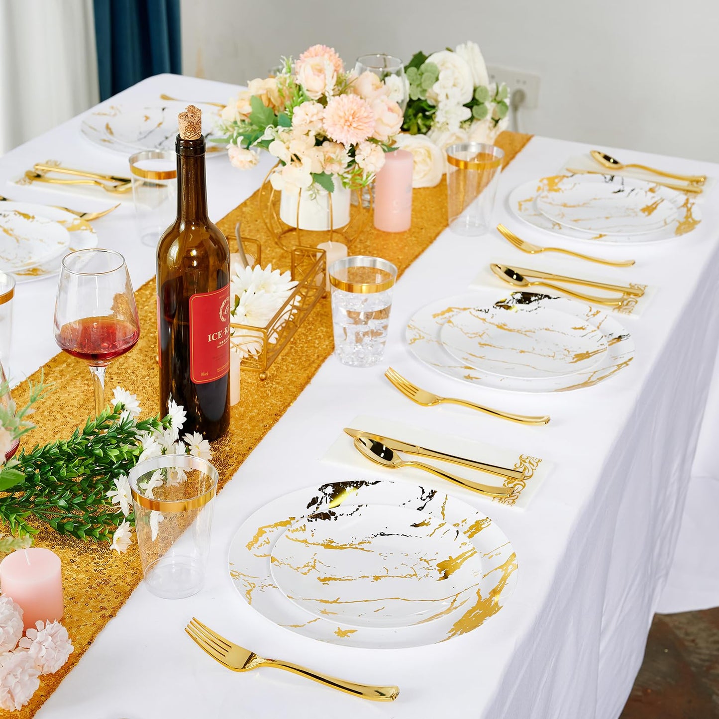 JOLLY PARTY 180PCS Disposable Dinnerware Set 30 Guest, 60 White and Gold Plastic Plates, 30 Plastic Silverware, 30 Plastic Cups, Marble Design Dinnerware for Wedding and Parties