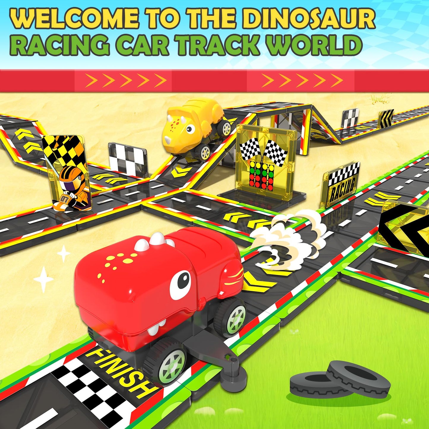 Dinosaur Magnetic Tiles with Race Track Cars