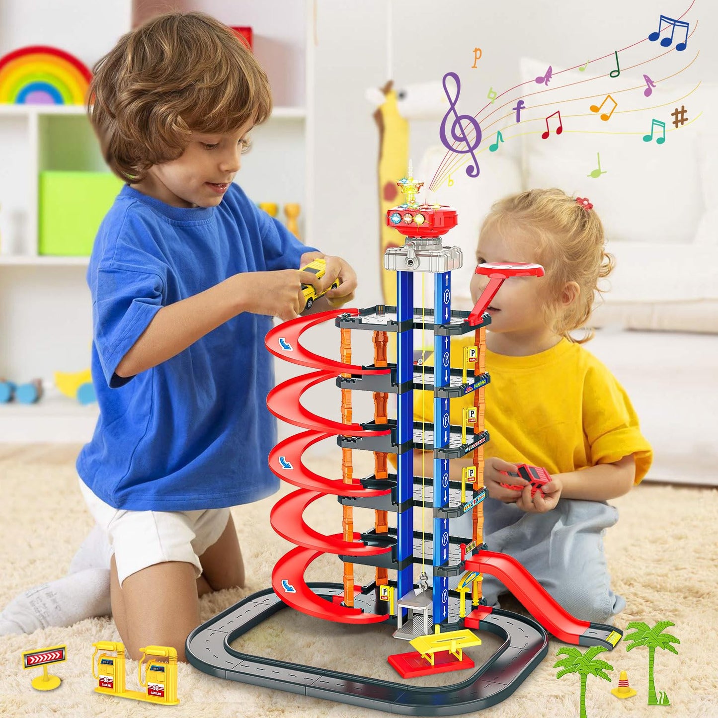 COVTOY Parking Garage Toy Playset,Race Car Track Toy with Sounds and Lights Effect,Toy Car Parking Garage with Cars and Helicopter,Car Toys Birthday Gifts for Boys 3 4 5 Year Old