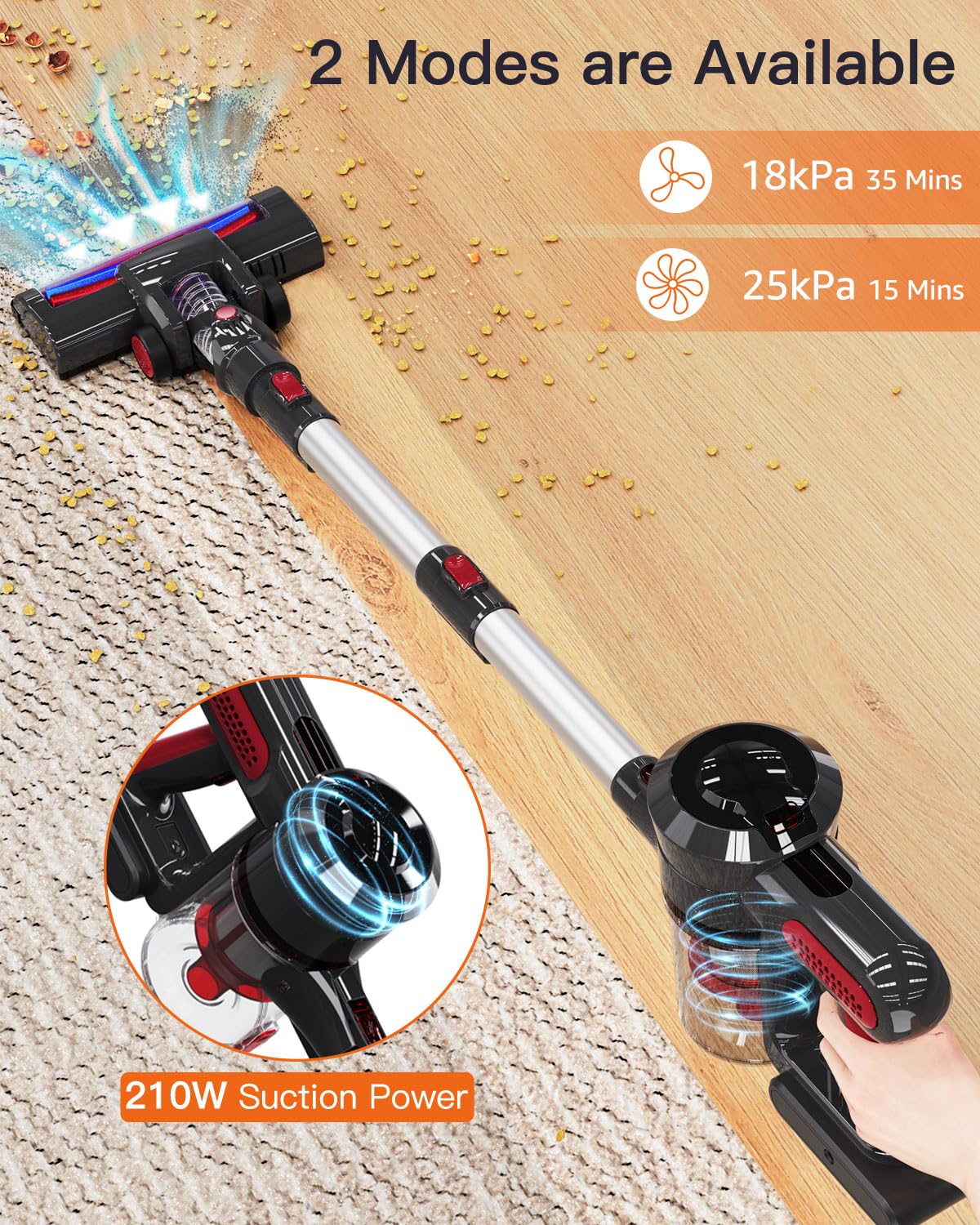 JYH Cordless Vacuum Cleaner, 25kPa Powerful Vacuum Cleaners for Home, Stick Vacuum Rechargeable with 2200mAh Detachable Battery, Up to 45 Mins, Portable Handheld Vacuum for Hardwood Carpet Pet Hair