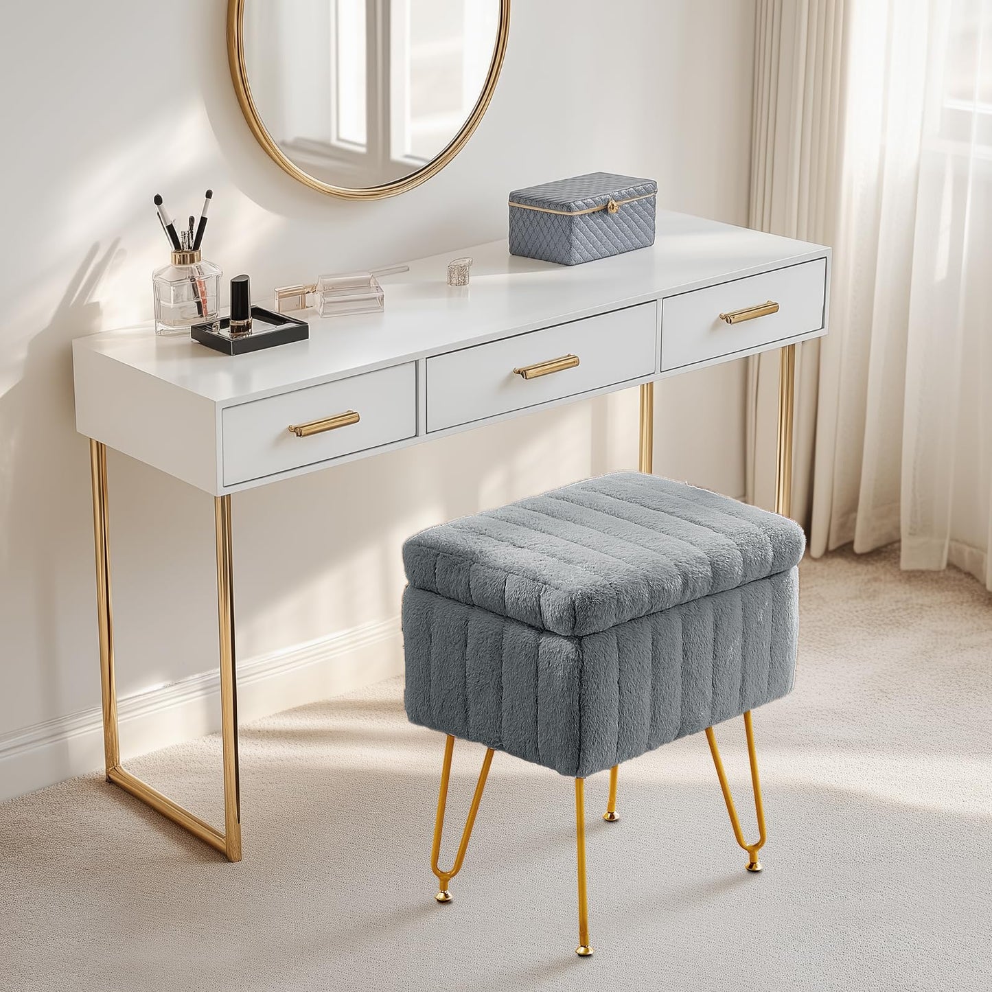 DUMOS Modern Faux Fur Vanity Stool with Storage
