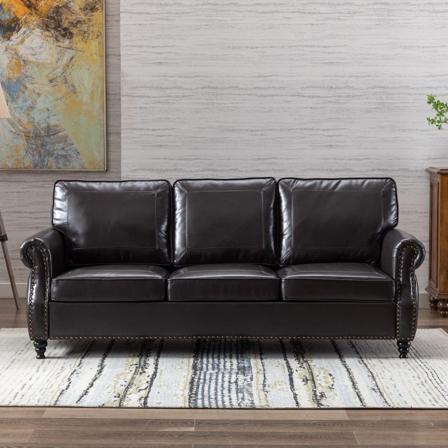 Dreamsir 79'' Traditional Faux Leather Sofa Couch with Nailhead Trim, Classic 3-Seater Couch with Rolled Arms for Living Room, Bedroom, Apartment, Easy Assembly (Charcoal)