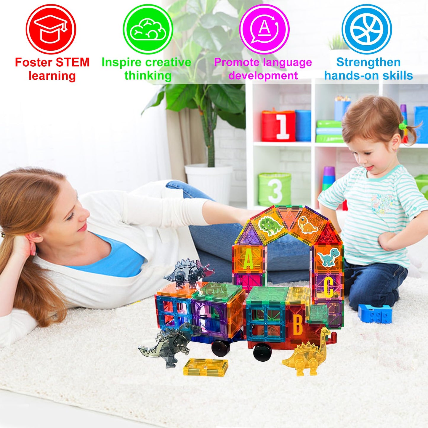 117 Piece Magnetic Building Blocks Set with Dinosaurs & Cars