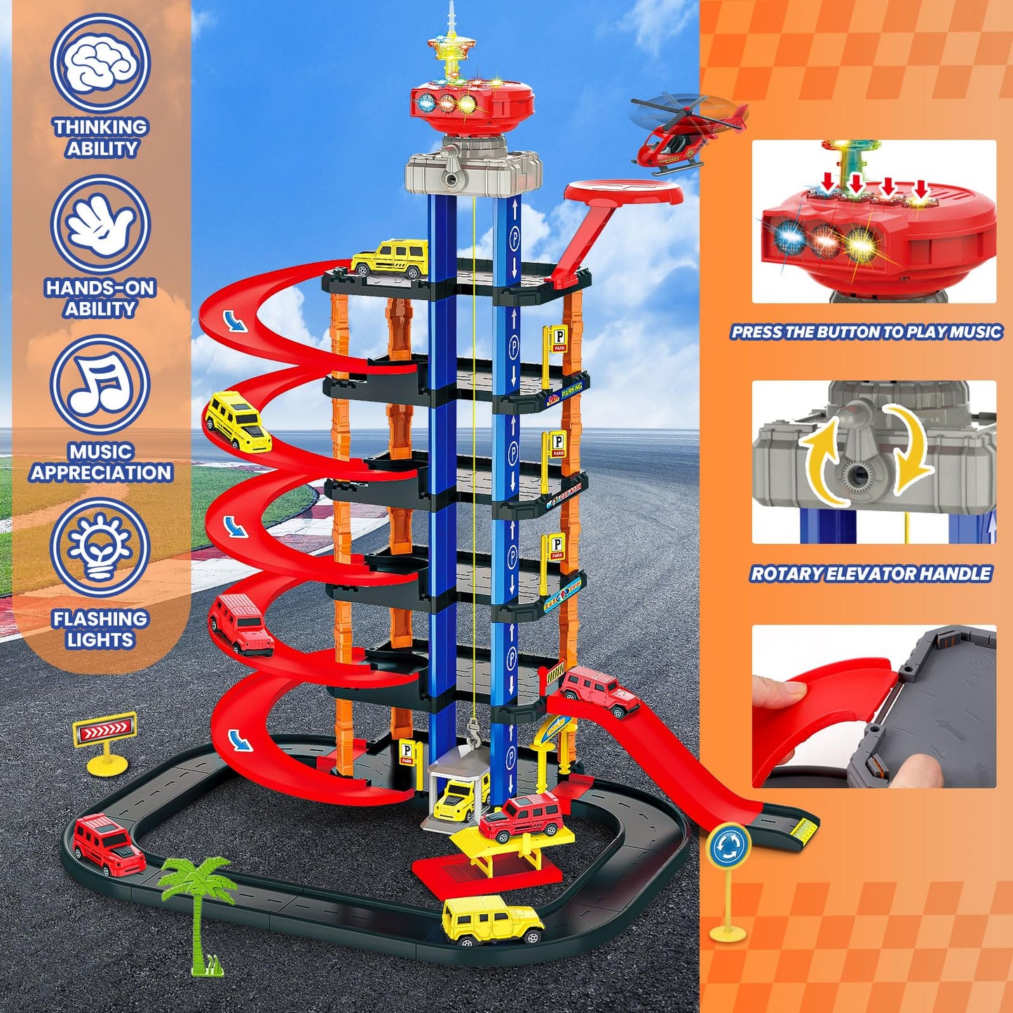 COVTOY Parking Garage Toy Playset,Race Car Track Toy with Sounds and Lights Effect,Toy Car Parking Garage with Cars and Helicopter,Car Toys Birthday Gifts for Boys 3 4 5 Year Old