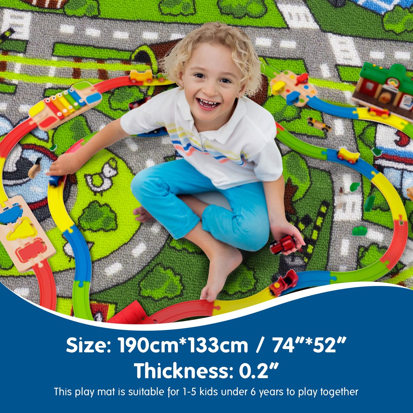 Jackson Car Mat for Kids Toy Cars,52"x 74" Train Rug Play Mat with Non-Slip Backing, Kids Car Rug Play Mat for Playroom Large Car Rug Train Rug Play Mat for Children