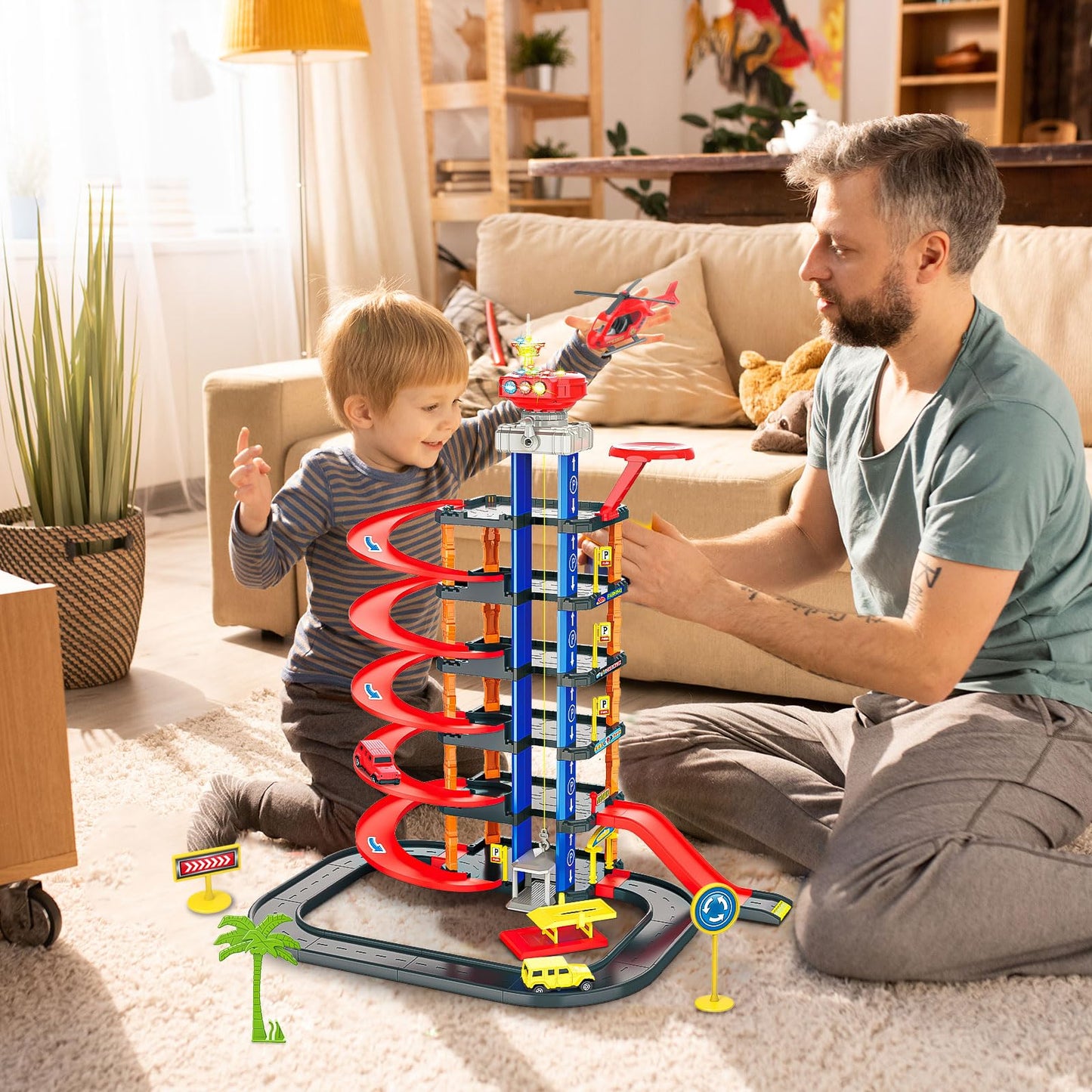 COVTOY Parking Garage Toy Playset,Race Car Track Toy with Sounds and Lights Effect,Toy Car Parking Garage with Cars and Helicopter,Car Toys Birthday Gifts for Boys 3 4 5 Year Old