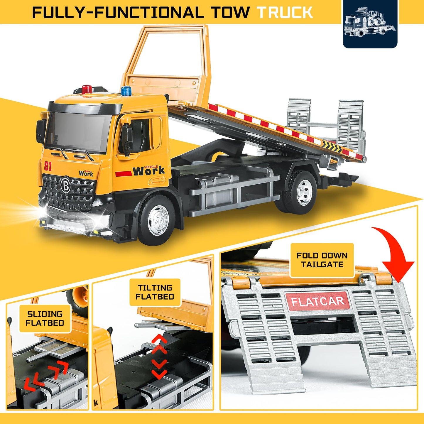 Metal Tow Truck Toy with Friction & Lights