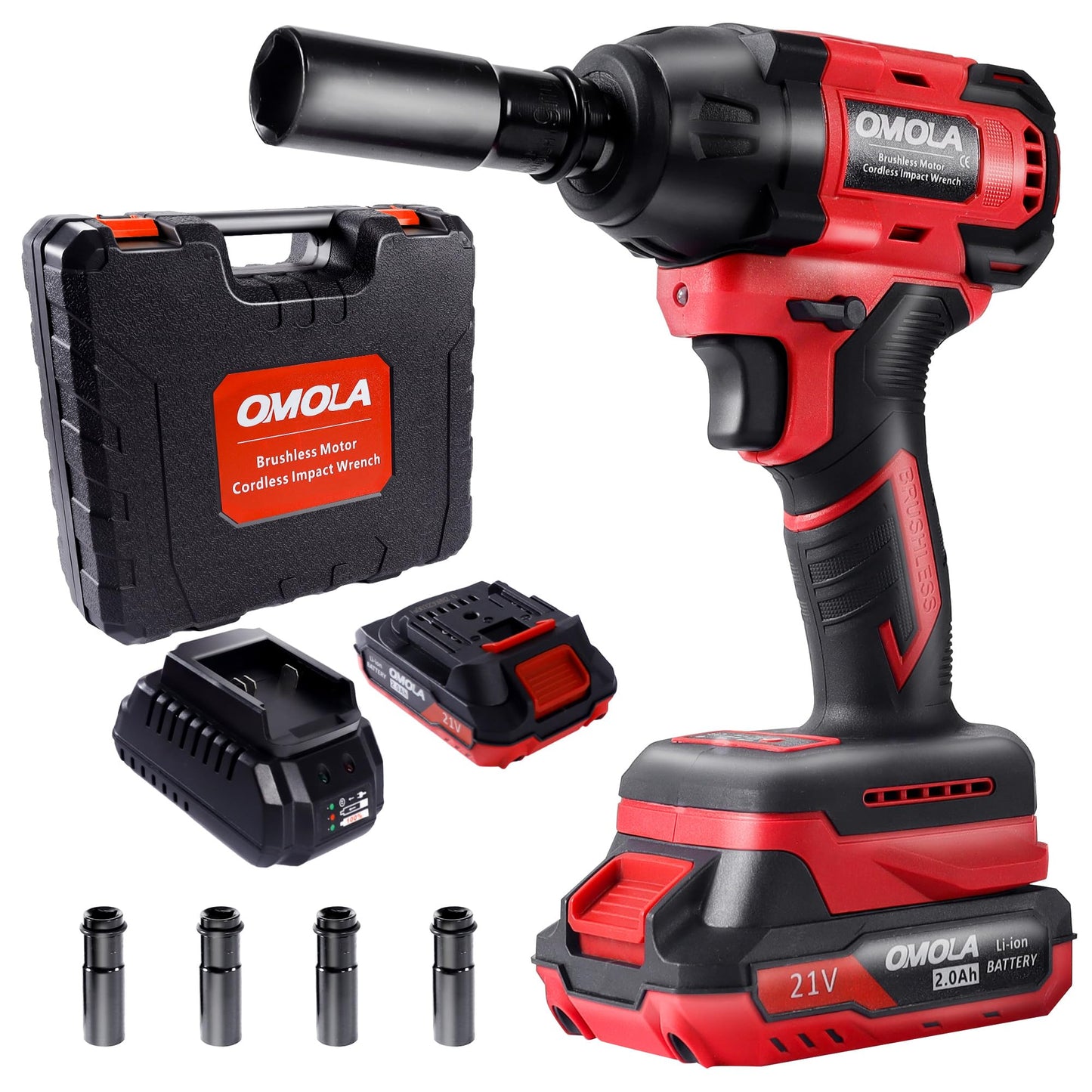 OMOLA Cordless Impact Wrench,1/2 impact gun,405 Ft-lb(550NM) High Torque 3200 RPM,with a 21V 2.0Ah Li-Ion Battery, Fast Charger,Brushless motor,4 Sockets