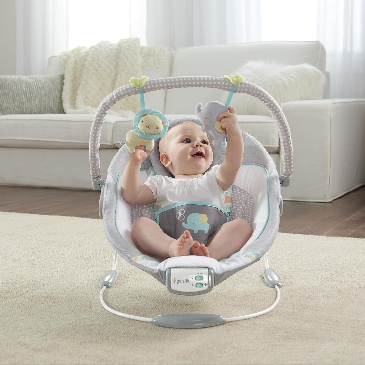 Ingenuity Soothing Baby Bouncer Infant Seat with Vibrations, -Toy Bar & Sounds, 0-6 Months Up to 20 lbs (Morrison)
