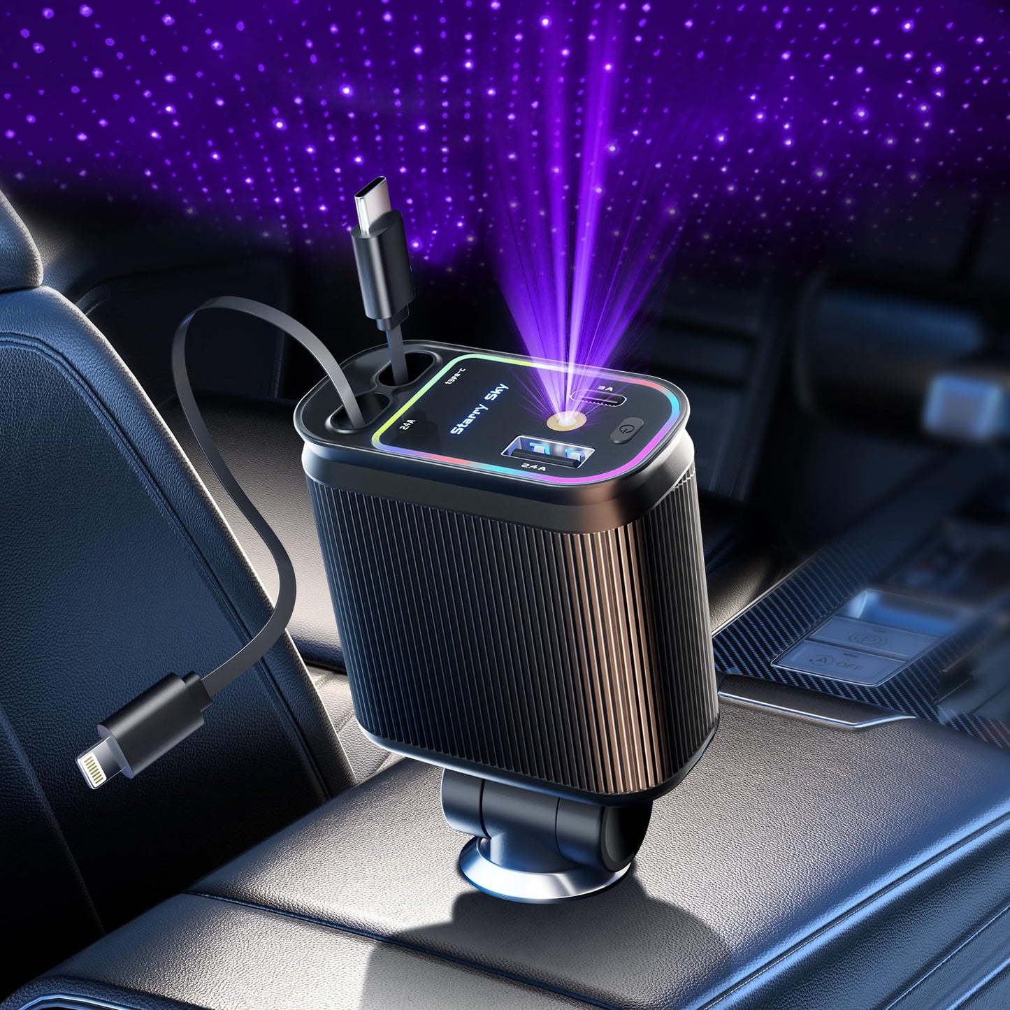 4-in-1 Retractable Car Charger with Fast Charging