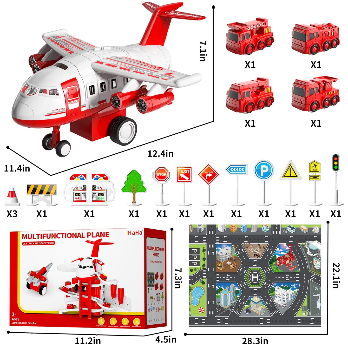 iHaHa Firetruck Garage Parking Lot Playset Toy Airplane with 14 Road Signs 4 Inertial Cars 1 Map