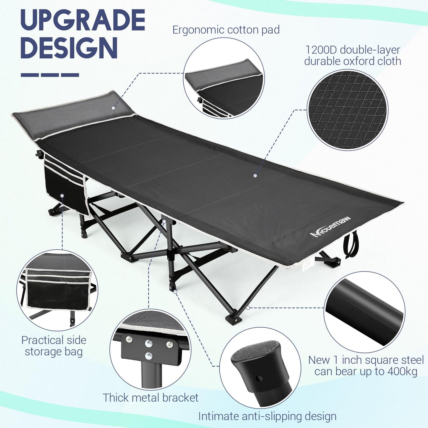 Nictemaw Folding Camping Cot for Adults, Max Load 900 LBS Heavy Duty Sleeping Cots with Carry Bag and Velvet Cot Pad for Camp, Home, Office, Outdoor, Black (Newest)