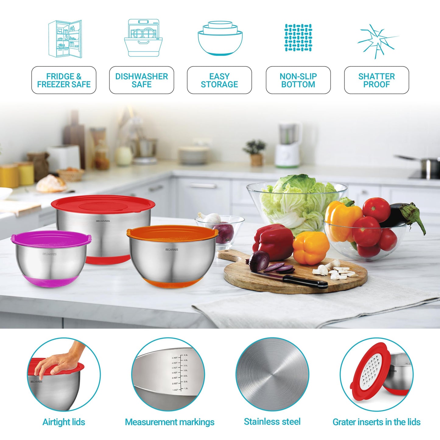 5-Piece Belwares Stainless Steel Mixing Bowl Set
