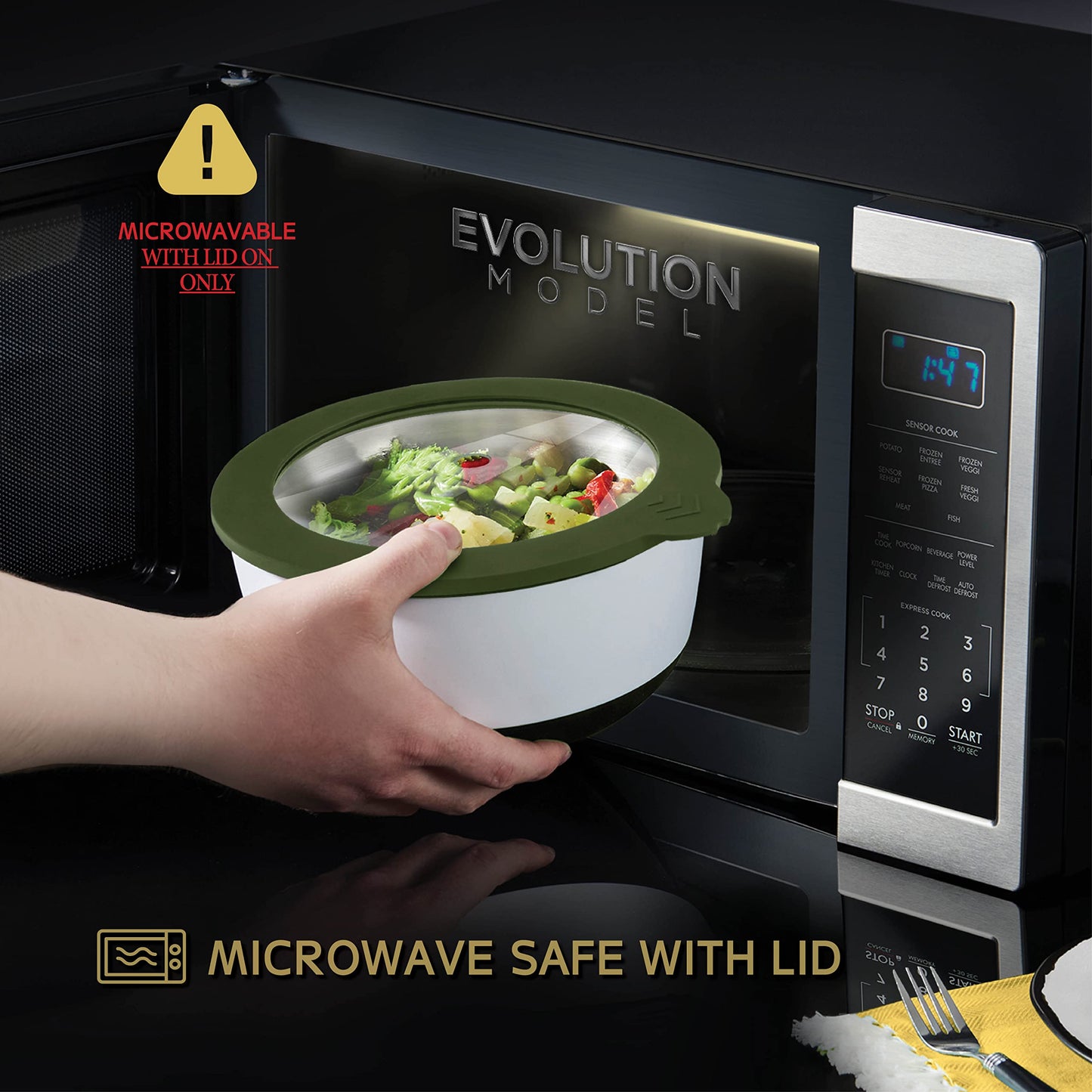 Earthmade Evolution Microwave Stainless Steel Mixing Bowl with Lid Set, 1.5qt. 2qt. 4.5qt. Tempered Glass Lids- Glass Mixing Bowl Alternative, Eco Friendly,